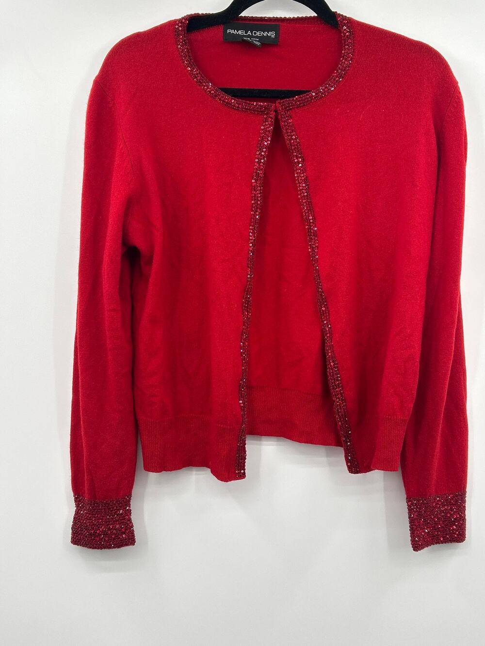 Pamela Dennis 100% Cashmere Red Beaded Cardigan Sweater Med Holiday Party Event